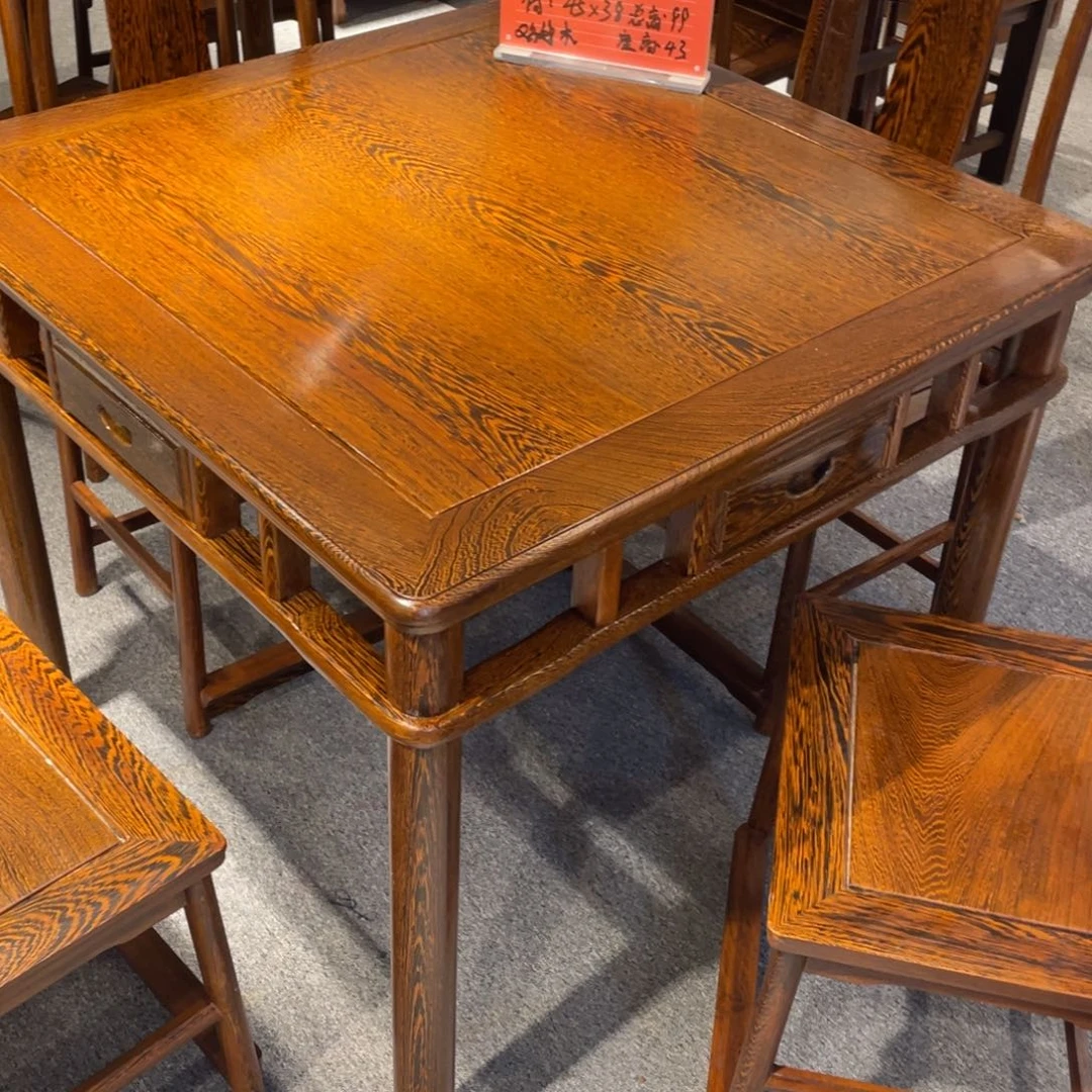 鸡翅木类成套家具若*90x78方桌五件套带玻璃