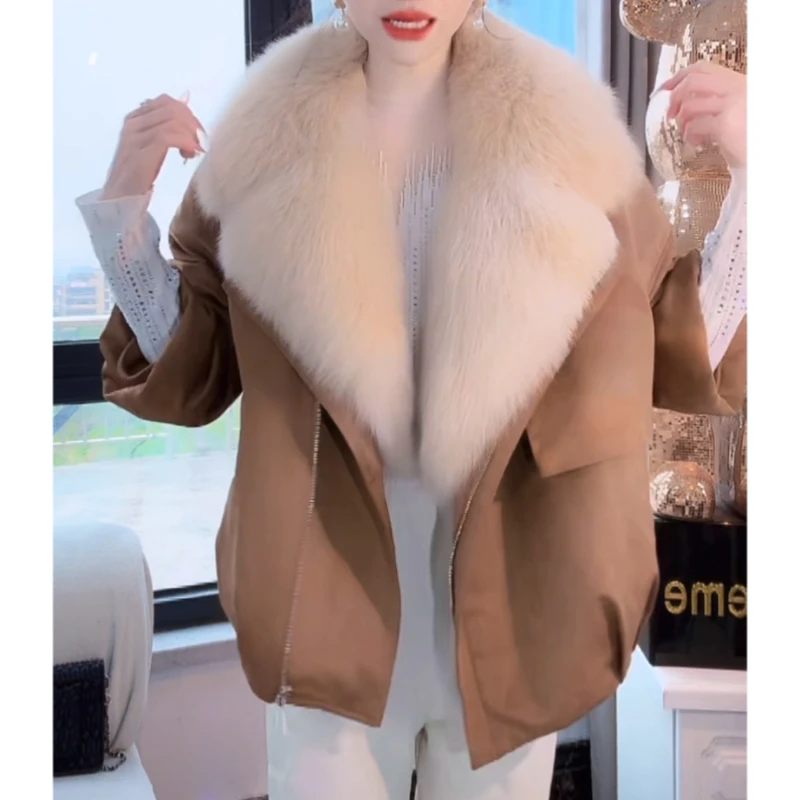 轻奢气质高级感卡其色皮草棉服冬季新款保暖时尚宽松显瘦外套女