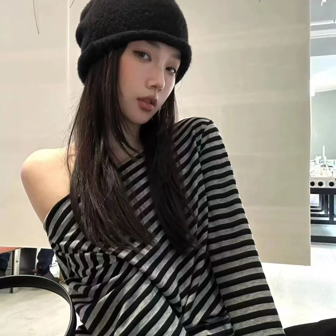 早秋长袖INS风粗横条纹抗皱条纹T恤ins高质感穿搭
