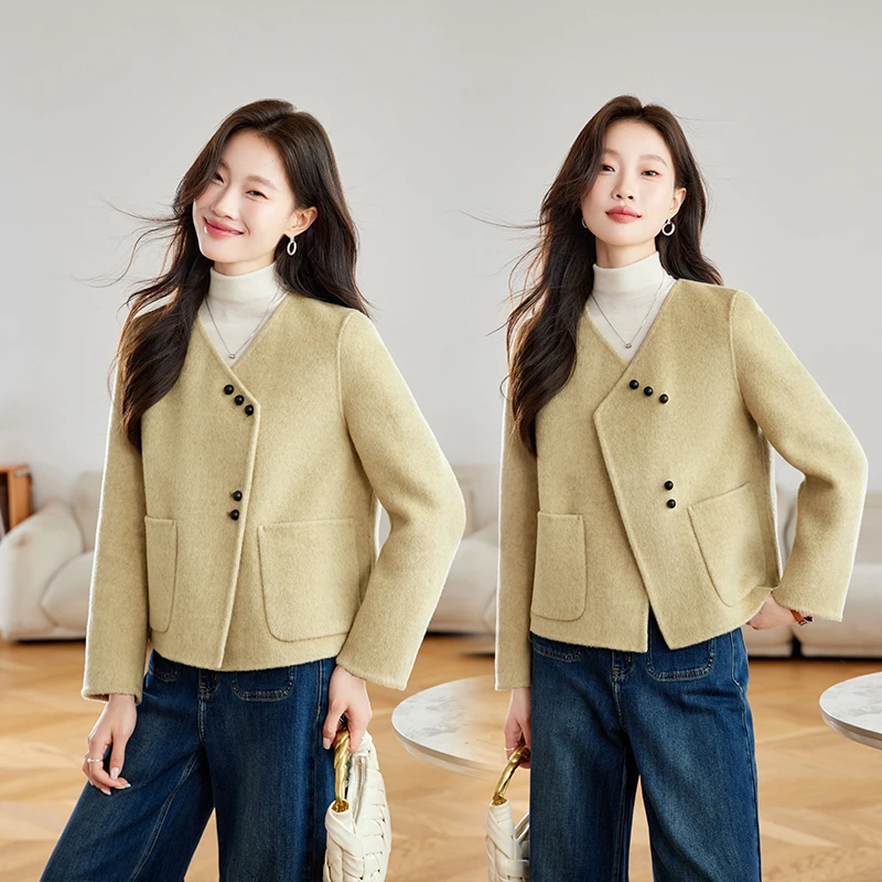 韩系小香风V领毛呢外套女秋冬2025新款小个子高级感短款呢子大衣
