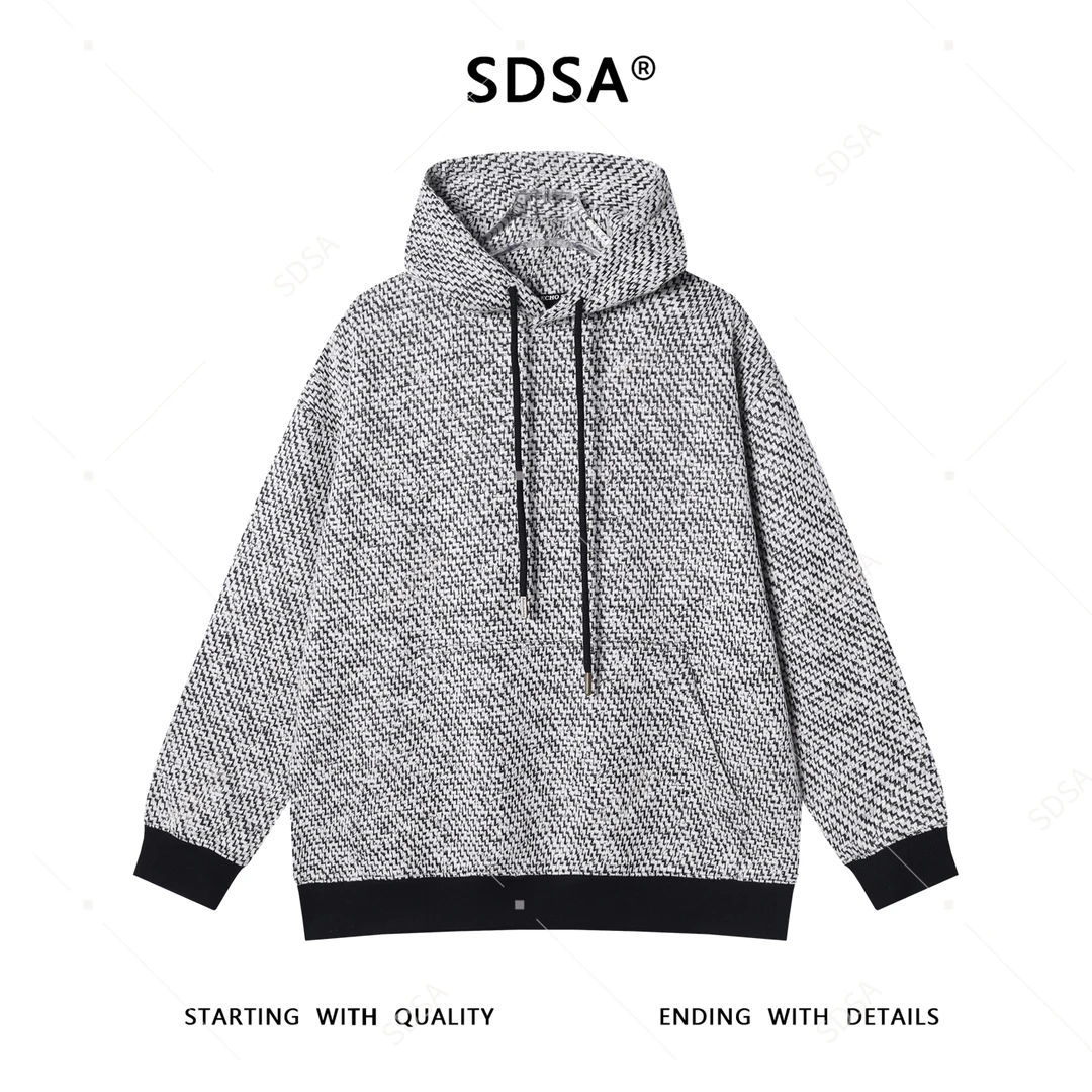 SDSA男士秋冬新款痞帅男装潮牌撞色小香风抽绳连帽卫衣百搭时尚潮