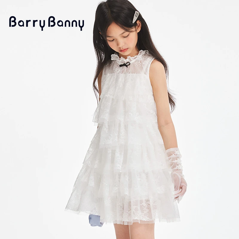 BarryBanny女童蕾丝连衣裙夏季新款儿童礼服裙轻盈网纱圆领公主裙