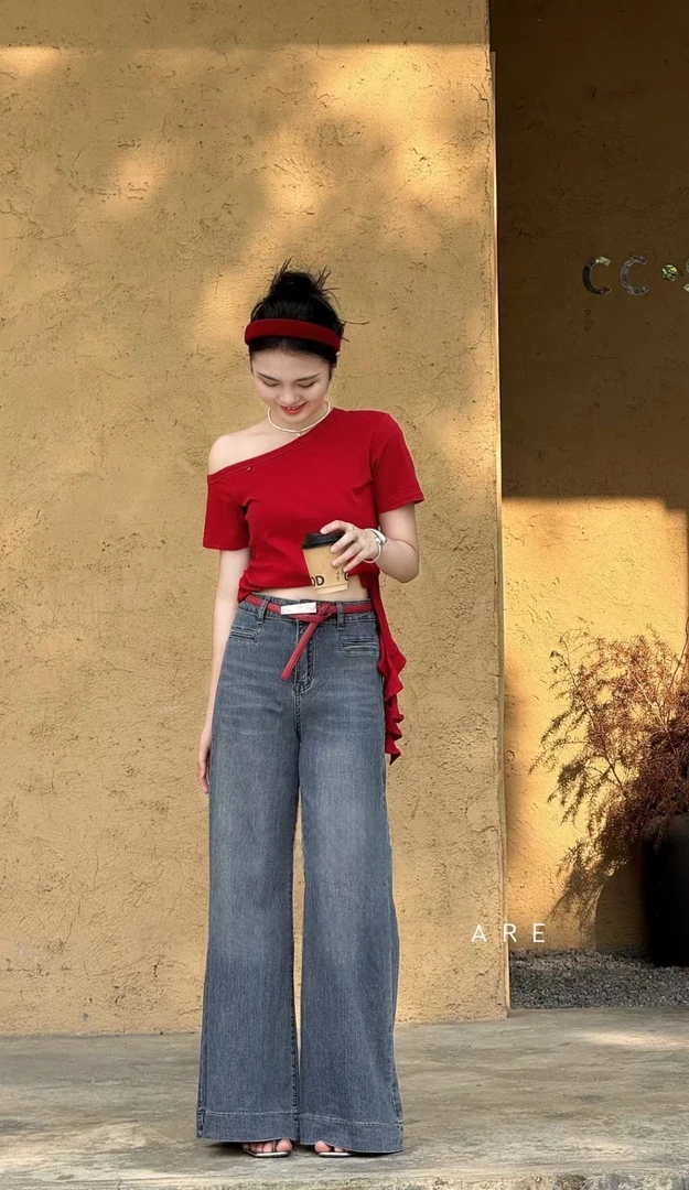 法式复古高级感侧边绑带短袖T恤2025夏季新款复古阔腿牛仔裤套装