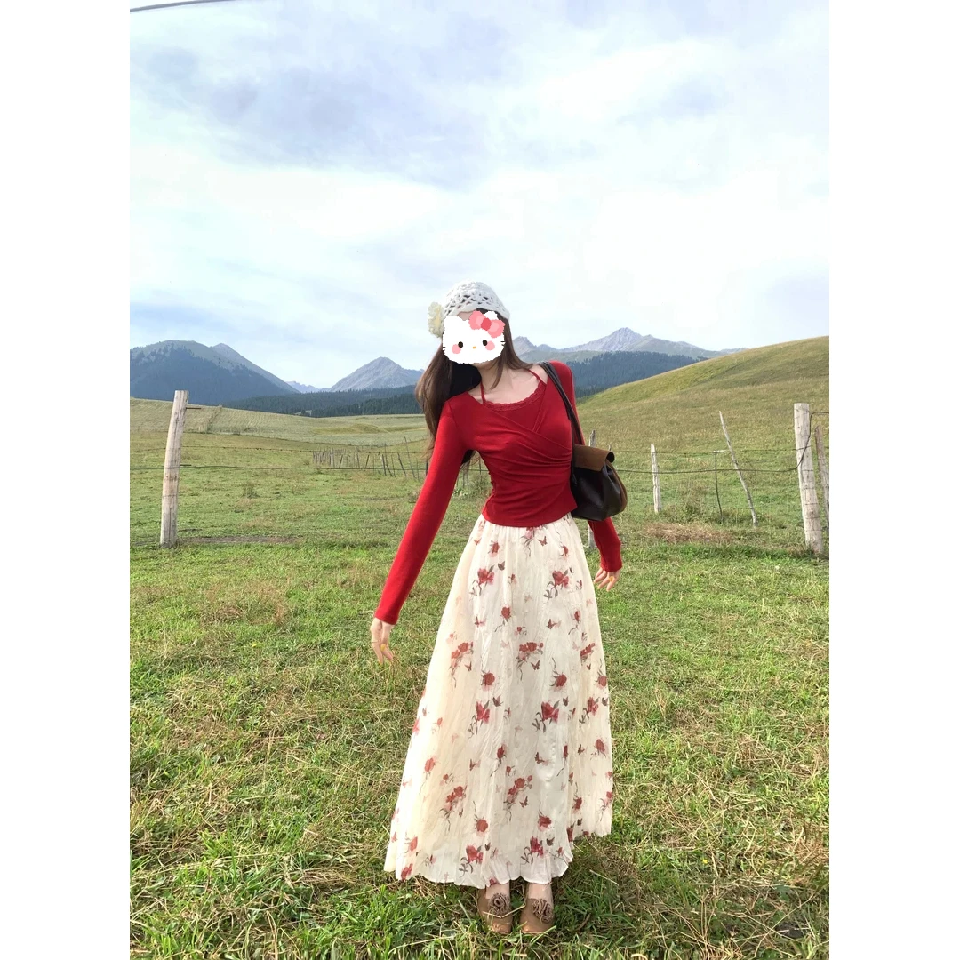 【心动记忆】复古松弛气质碎花半裙纯色长袖显瘦日常压褶大摆秋套装