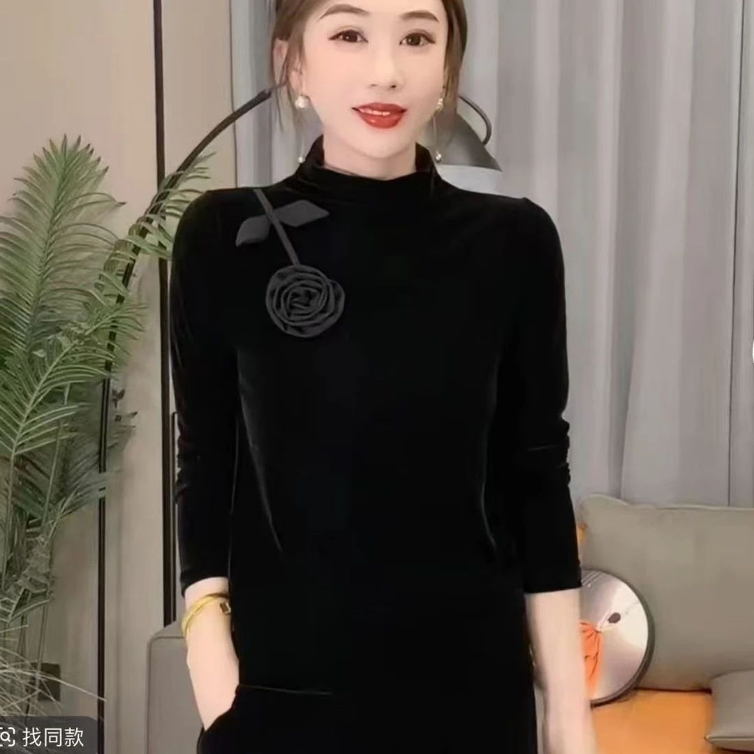 2025新款百搭显瘦洋气玫瑰花朵丝绒气质时尚女装上衣0809