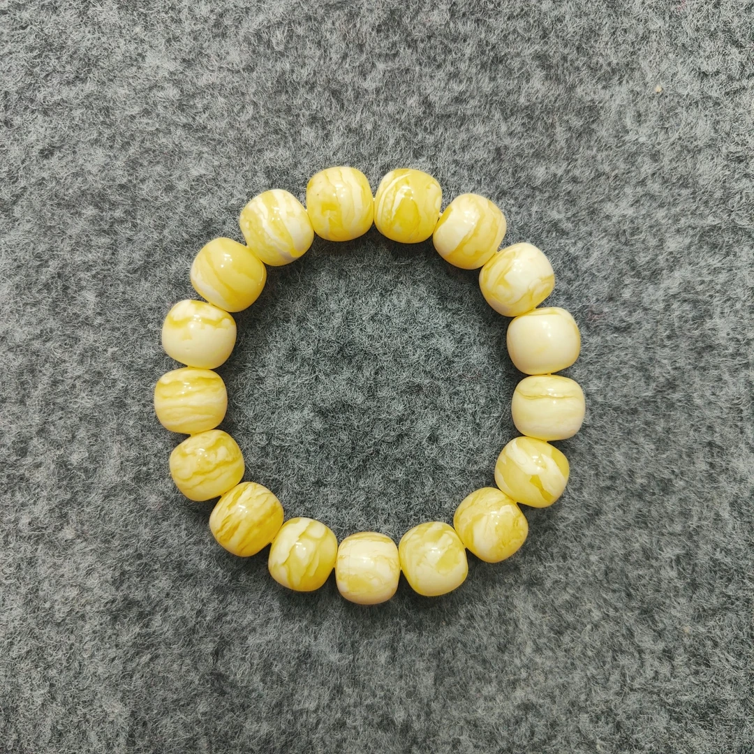 （虎皮白花老型系列）琥珀蜜蜡单圈手串 素圈鸡油黄白色气质轻奢