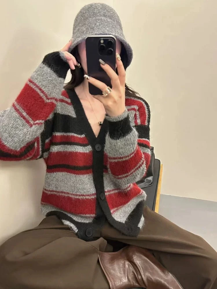 Q秋季女士慵懒风条纹针织毛衣开衫外套女2025新款超好看上衣
