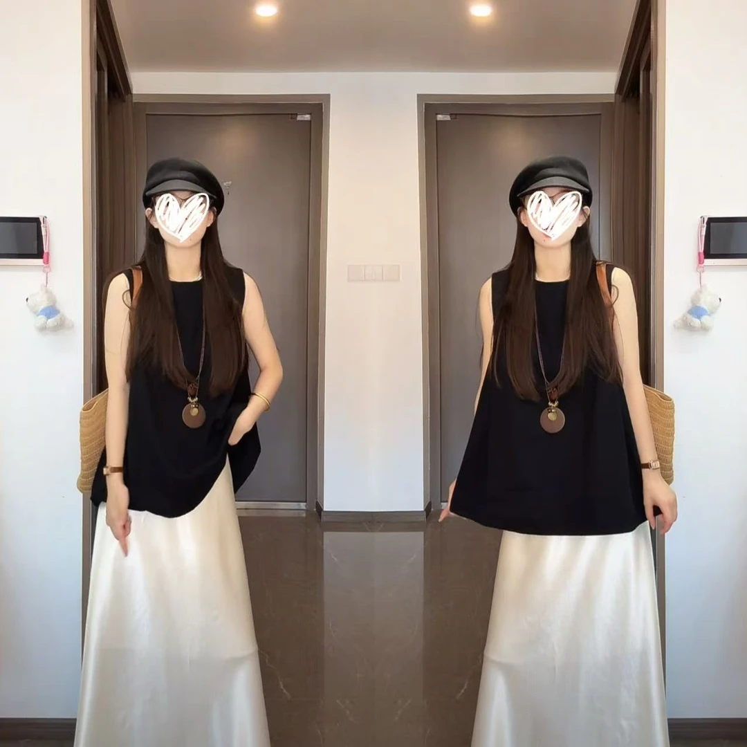 韩系简约宽松遮肉气质显瘦时尚百搭无袖背心上衣高腰缎面半身裙女