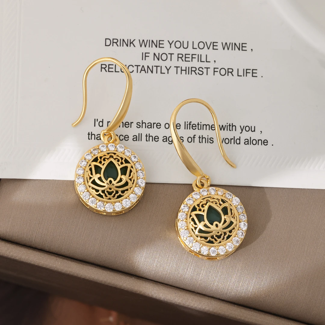 铜合金琉璃耳饰 镀18K金「绿荷」流苏耳钩气质时尚高端中式国风耳环