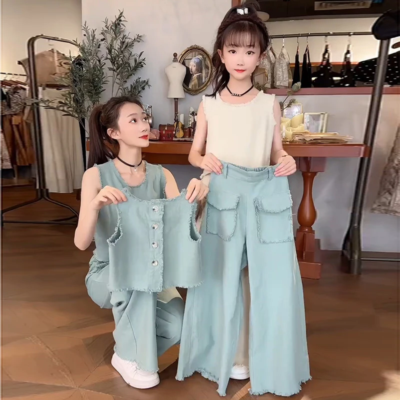 MK&DK夏季女童套装2025新款洋气时髦儿童无袖上衣阔腿裤两件套