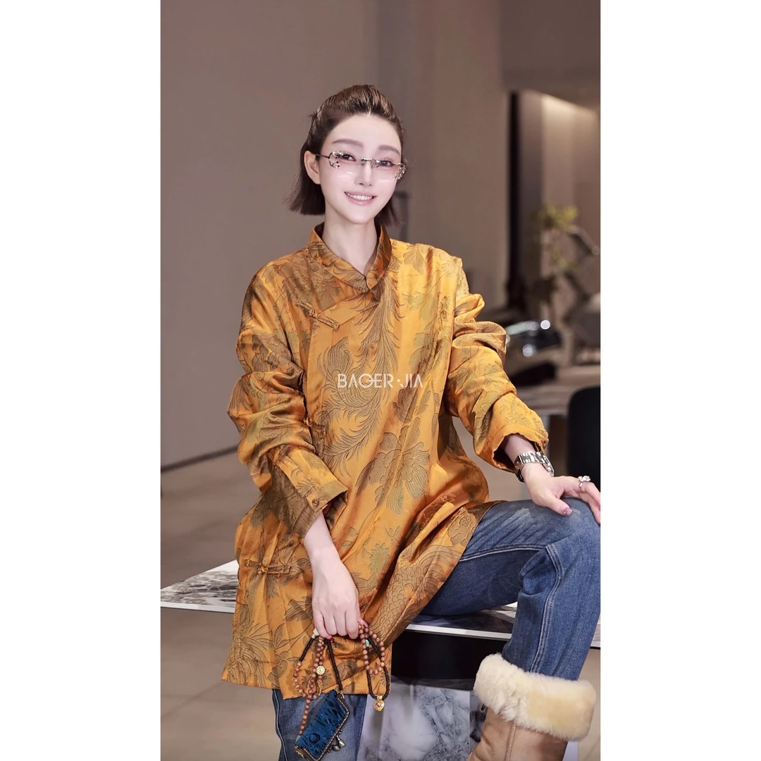 38-宝儿家含幂BA139125309XQ桑蚕丝驼绒手工编织人丝提花中式外套
