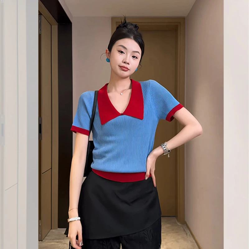 【现货】法式设计感小众撞色polo领针织衫2025夏显瘦短袖t恤上衣女