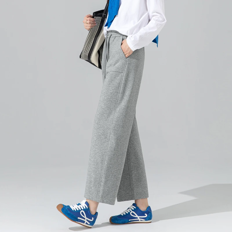 灰色九分运动裤女2025年秋冬新款松紧腰加绒镰刀卫裤弧形弯刀裤子