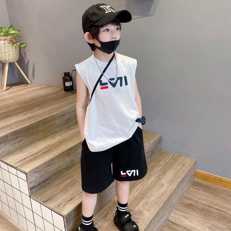潮童出街~男童夏季新款无袖潮牌短袖时髦个性短裤洋气套装9611