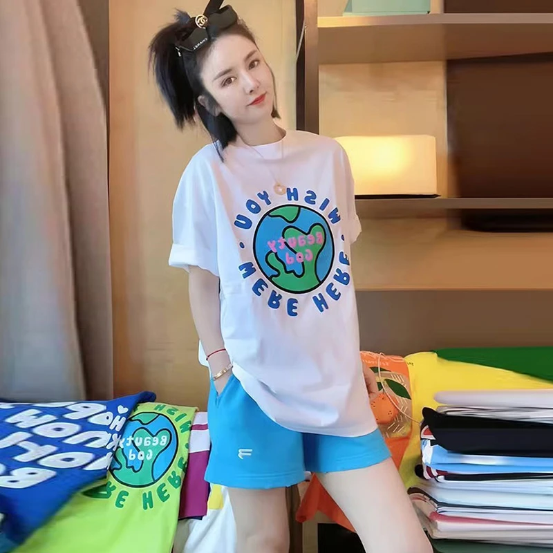 法式时尚套装设计感印花宽松打底衫韩版百搭高腰大码女装套装