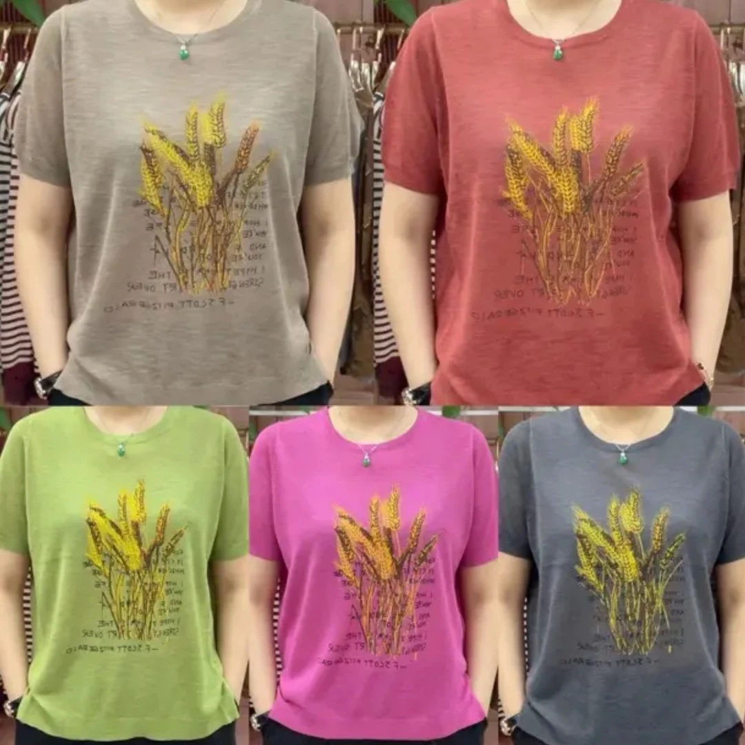 夏季麦穗印花圆领宽松短袖针织衫妈妈装打底上衣