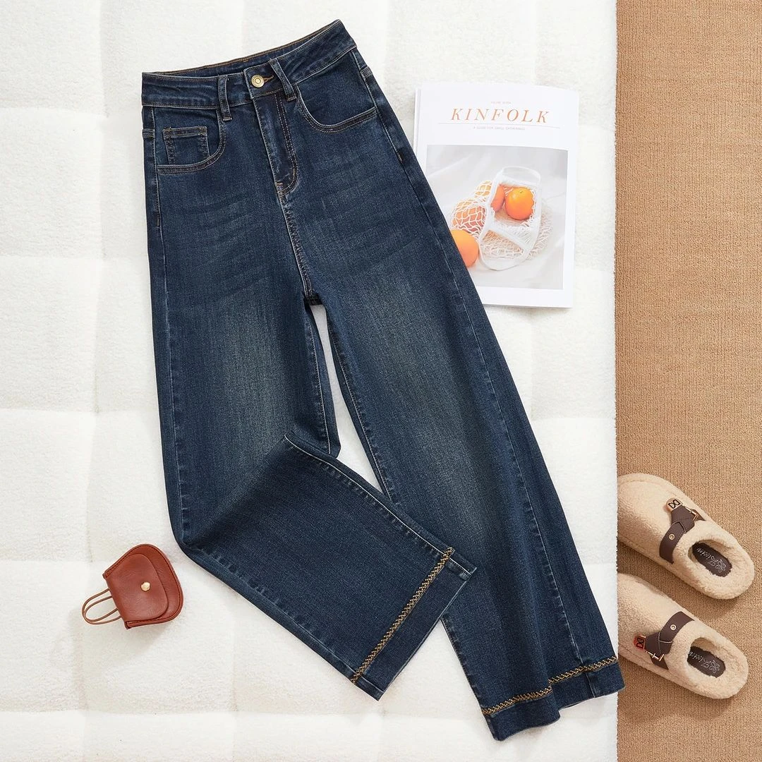 水墨蓝窄版阔腿牛仔裤女春秋季2025新款高腰显瘦小个子九分直筒裤