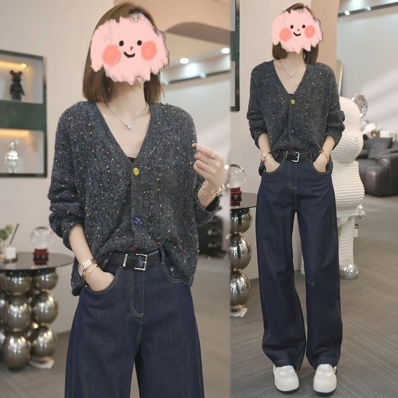 2025早秋新款时尚休闲百搭彩色毛衣开衫高腰显瘦牛仔裤两件套女装
