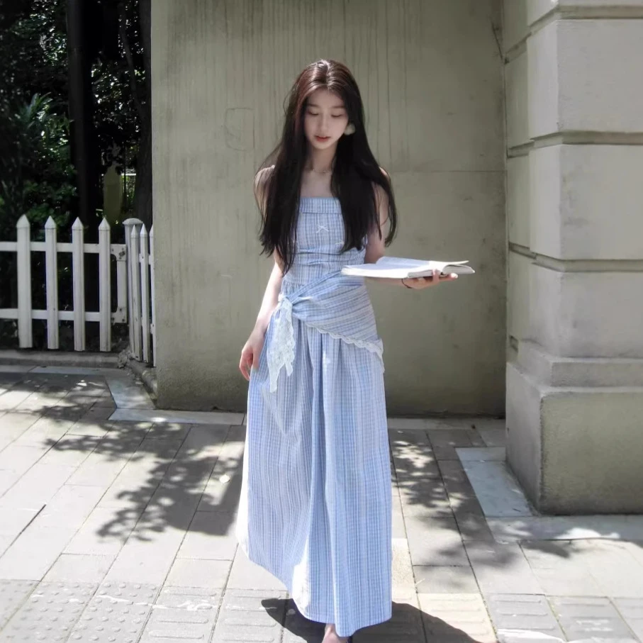 蓝色格纹蕾丝抹胸连衣裙女夏季法式浪漫气质高级感可拆卸吊带长裙