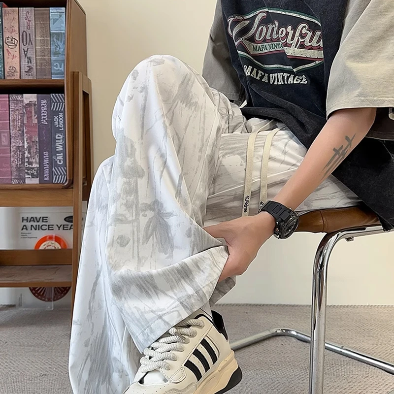 新中式水墨画冰丝裤子男夏季薄款宽松直筒休闲长裤潮牌凉感阔腿裤