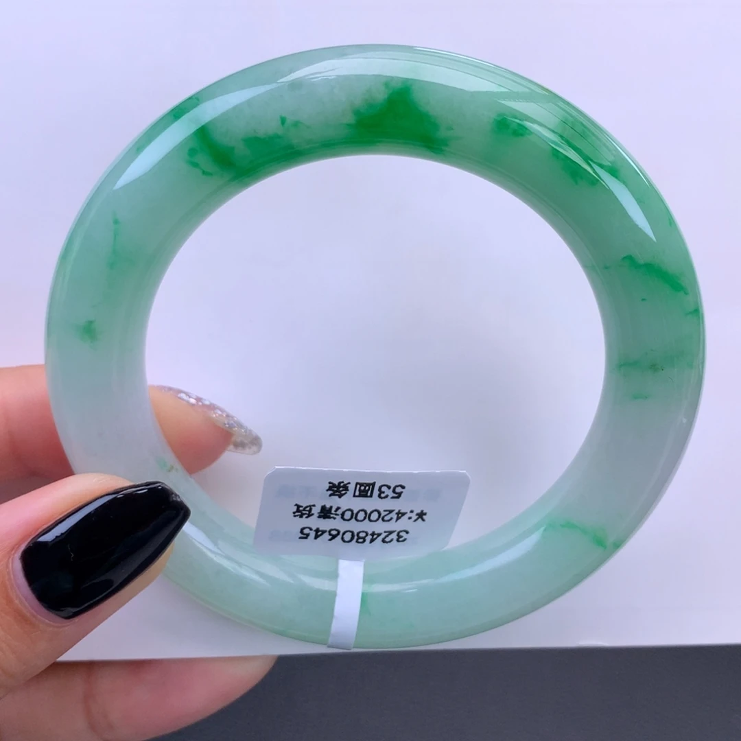 未镶嵌手镯翡翠回流）糯冰阳绿圆条手镯