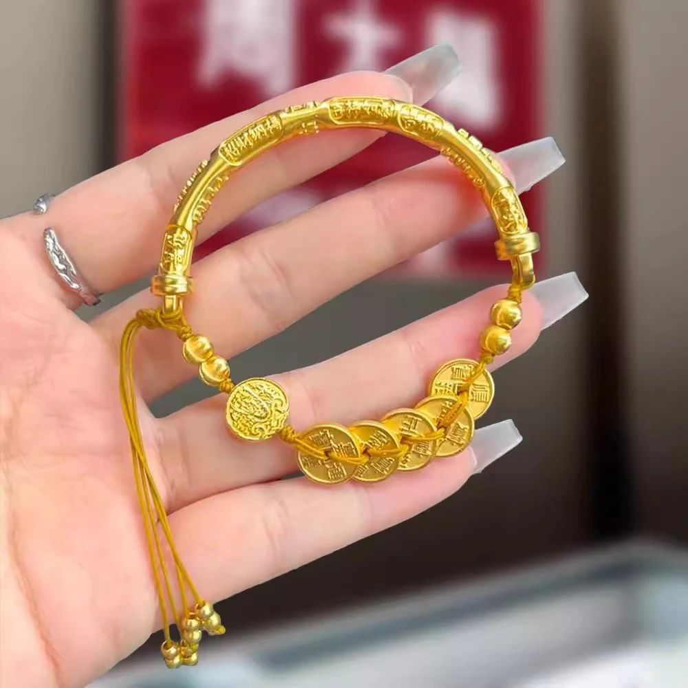 铜合金手链 古法五帝钱币五路财神半镯编绳手链中式复古手串