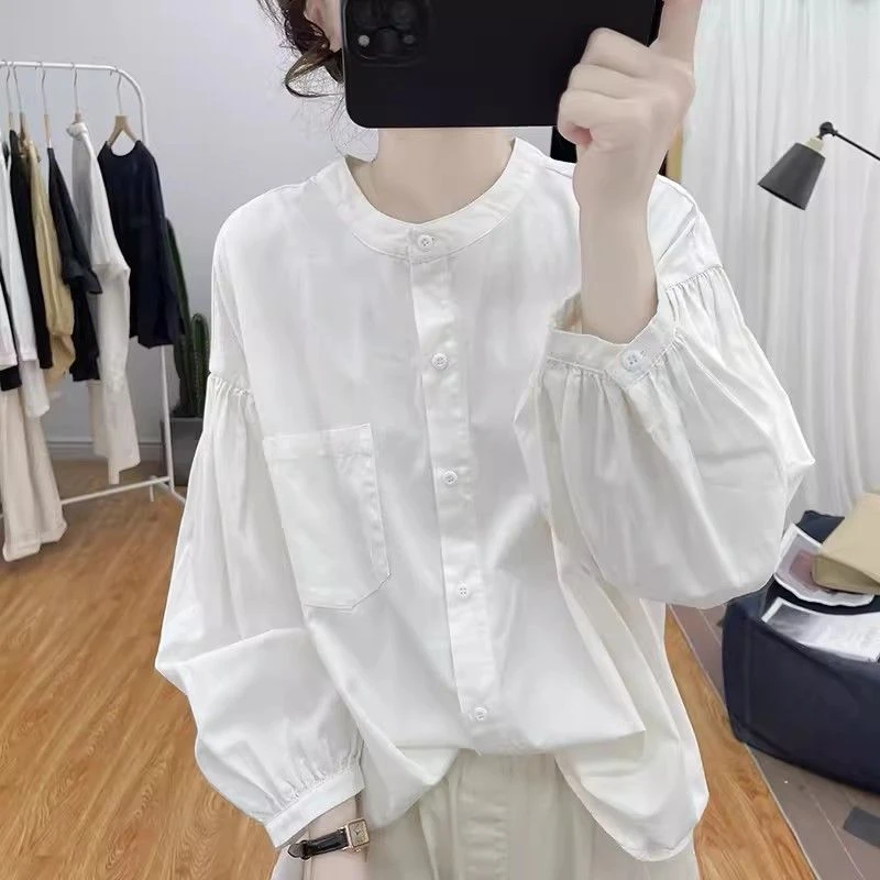 法式宽松立领长袖纯棉灯笼袖洋气显瘦别致百搭衬衫秋季薄款上衣女