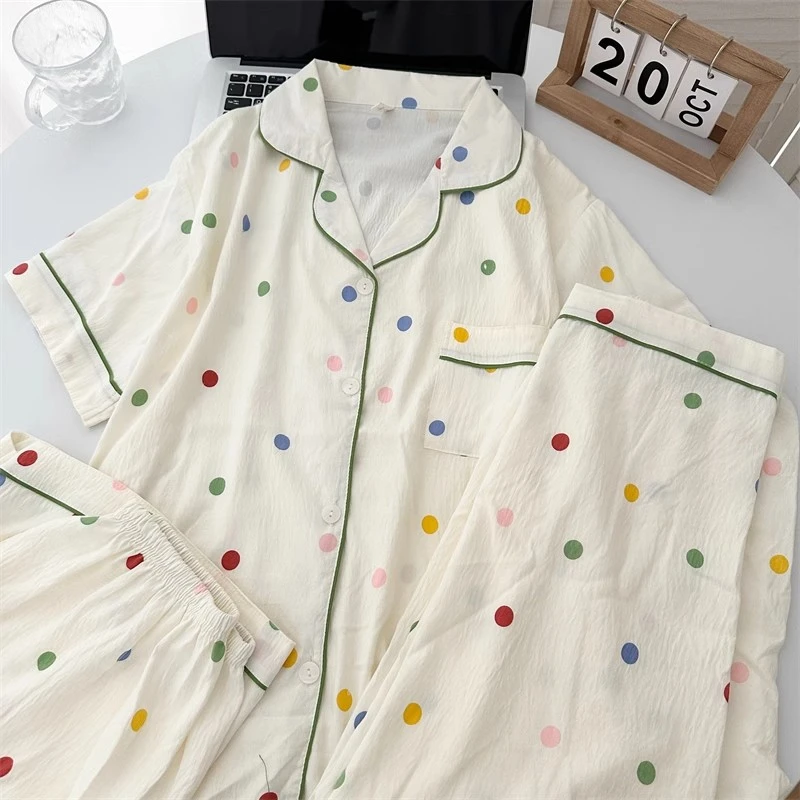 三件套彩色波点睡衣女夏季云朵棉短袖长裤日系可爱ins春秋家居服
