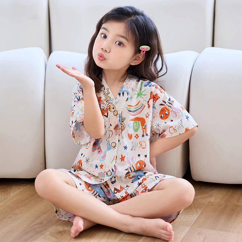 儿童女童薄款棉绸睡衣套装宝宝夏季女孩男童短袖空调服家居服
