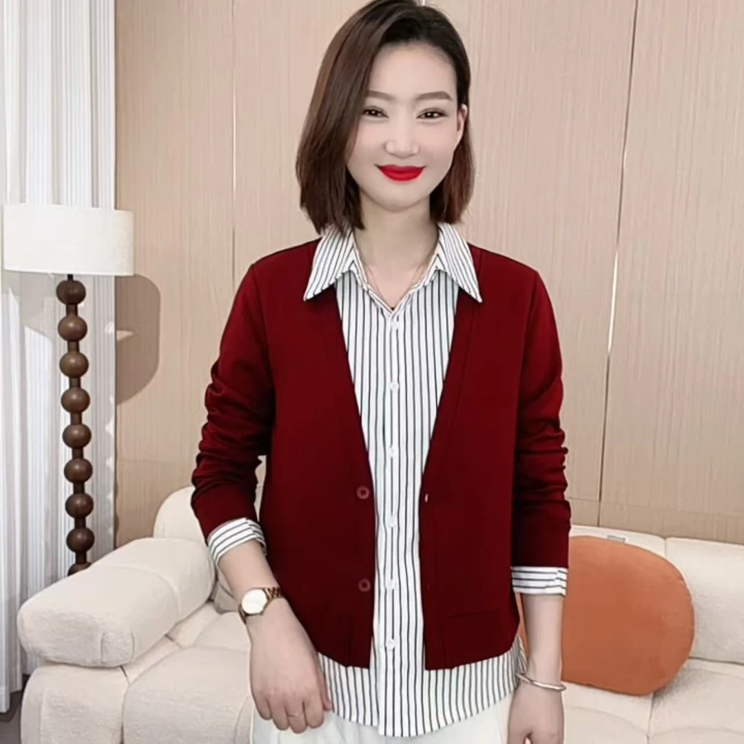 2025秋季时尚洋气新款简约翻领假两件休闲网红百搭显瘦上衣P1111