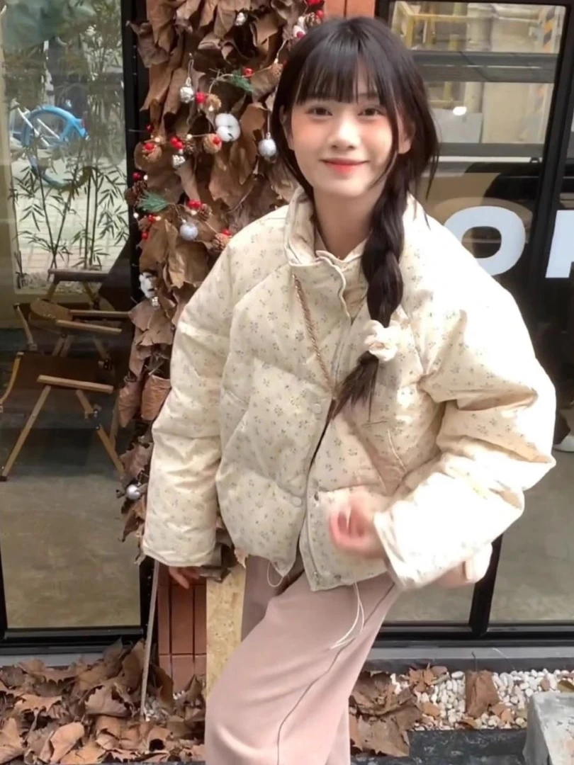 2025新款韩系小碎花立领短款甜美棉服女宽松面包服加厚外套