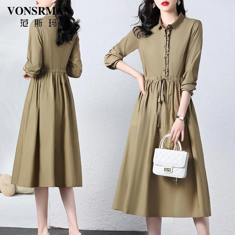 卡其色长袖连衣裙女2025春秋气质收腰显瘦有女人味的衬衫裙子