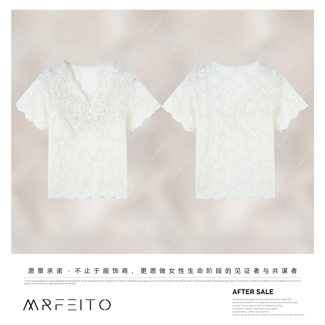 MRFEITO菲爷驾到【贵族千金】重磅蕾丝珍珠扣V领T恤H6TX02X31336