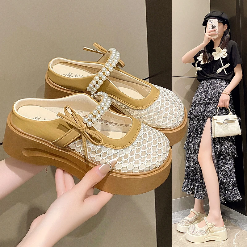 小香风厚底玛丽珍鞋女2025新款夏季外穿网面透气包头女拖鞋配裙子