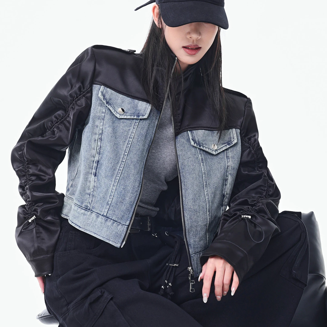 KEN STUDIO秋冬新款牛仔拼接外套女设计感修身显瘦短款夹克上衣