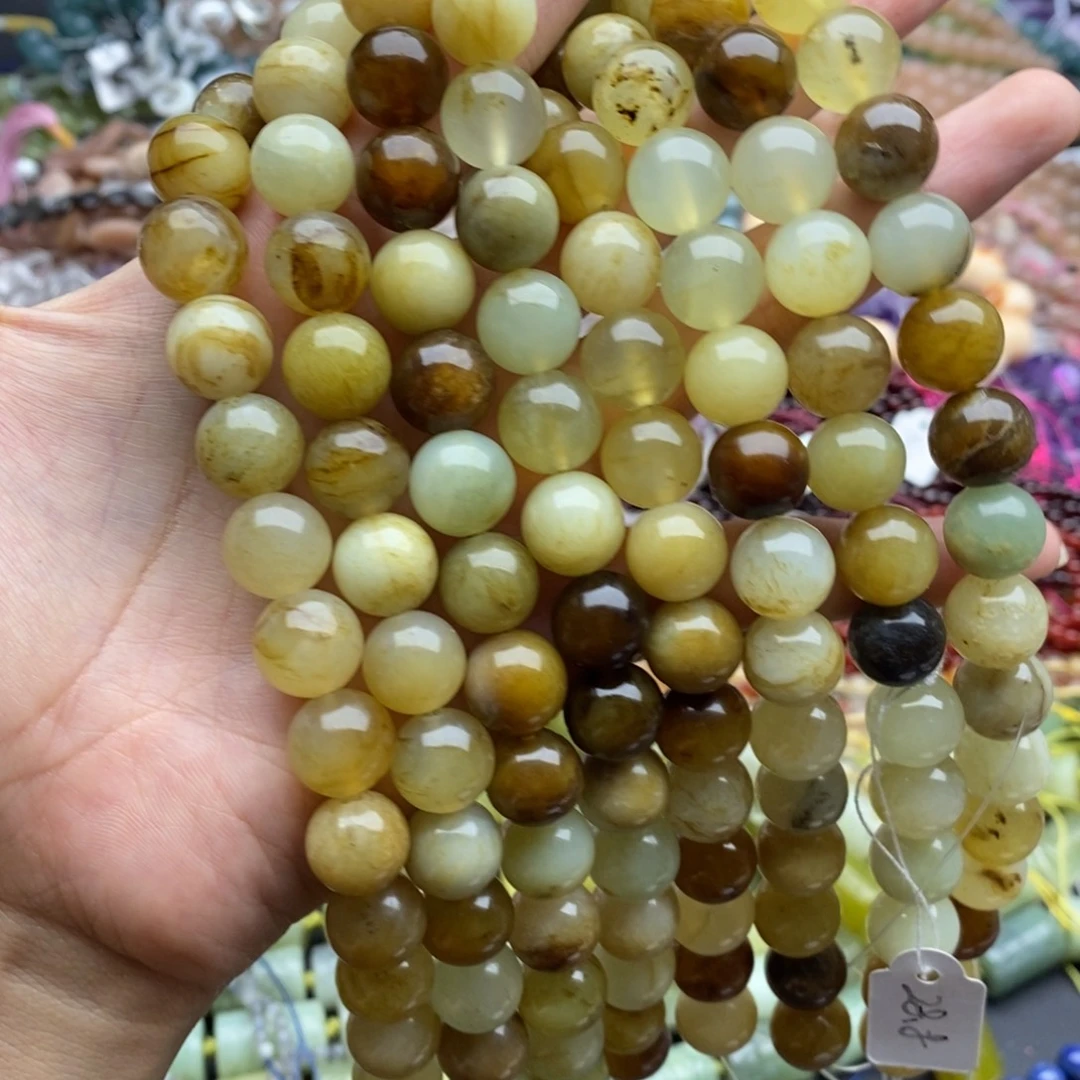 未镶嵌玛瑙/玉髓珠宝半成品一条天然老岫玉圆珠12mm