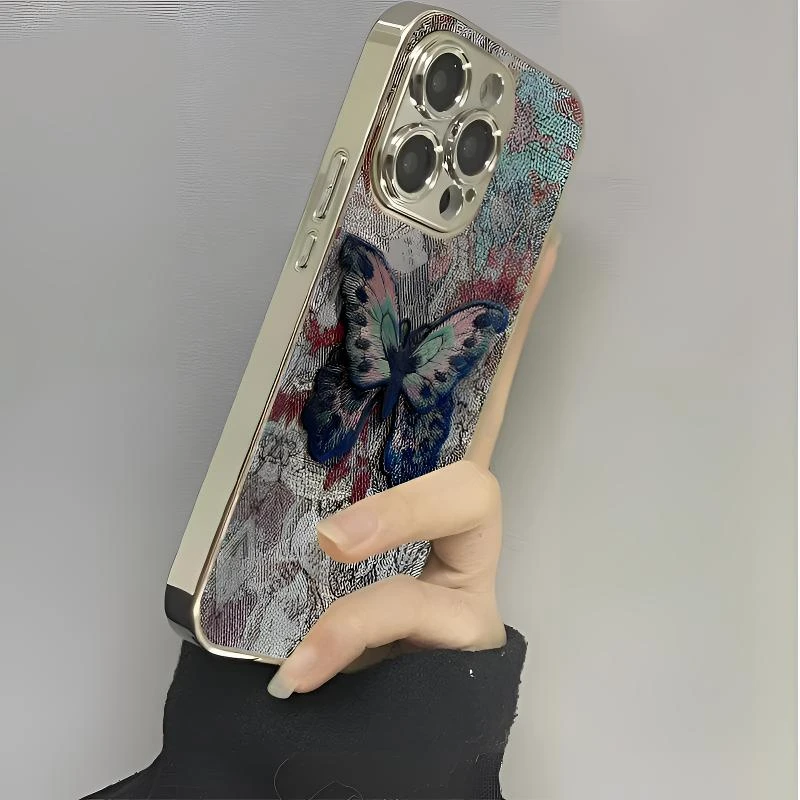 复古蝴蝶适用于苹果16pro电镀镜面手机壳15promax镜子14/13创意