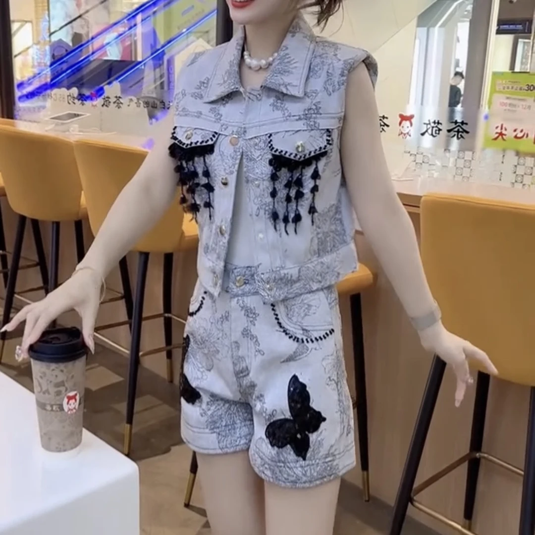 新款牛仔马甲搭配短裤套装两件套
