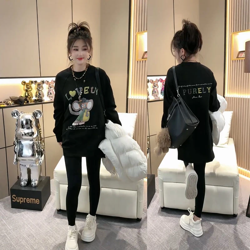 两侧拉链休闲中长款T恤2025秋冬新款宽松遮肉显瘦洋气百搭上衣