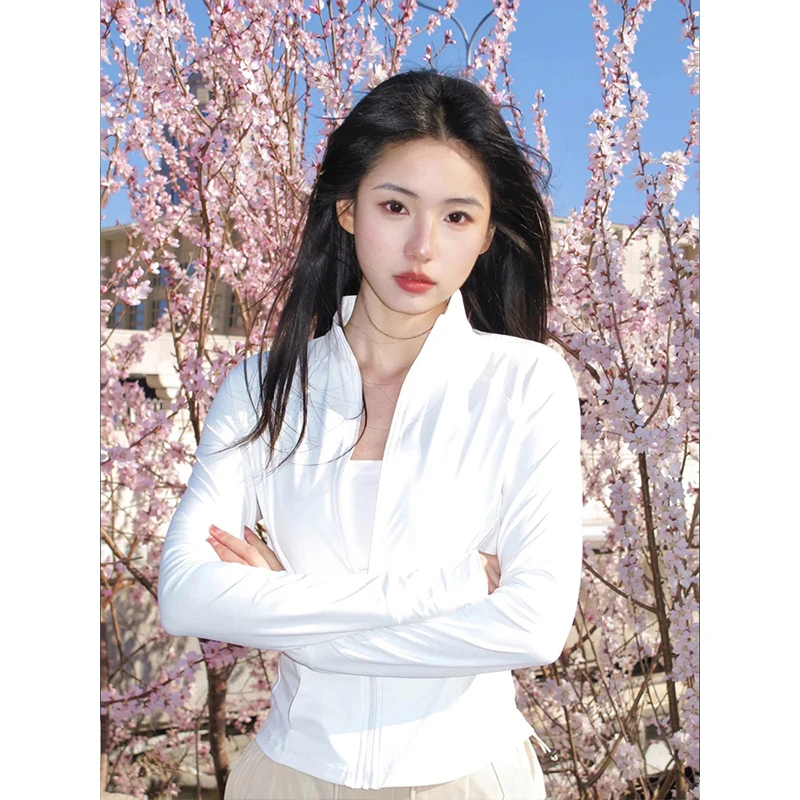 白色修身冰丝立领防晒衣女款夏季爆款2025新款防紫外线运动瑜伽服