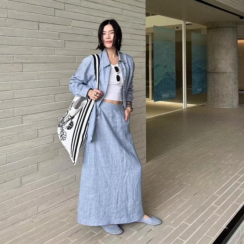 慵懒风通勤亚麻套装女夏季时尚简约百搭宽松衬衫休闲半身裙两件套