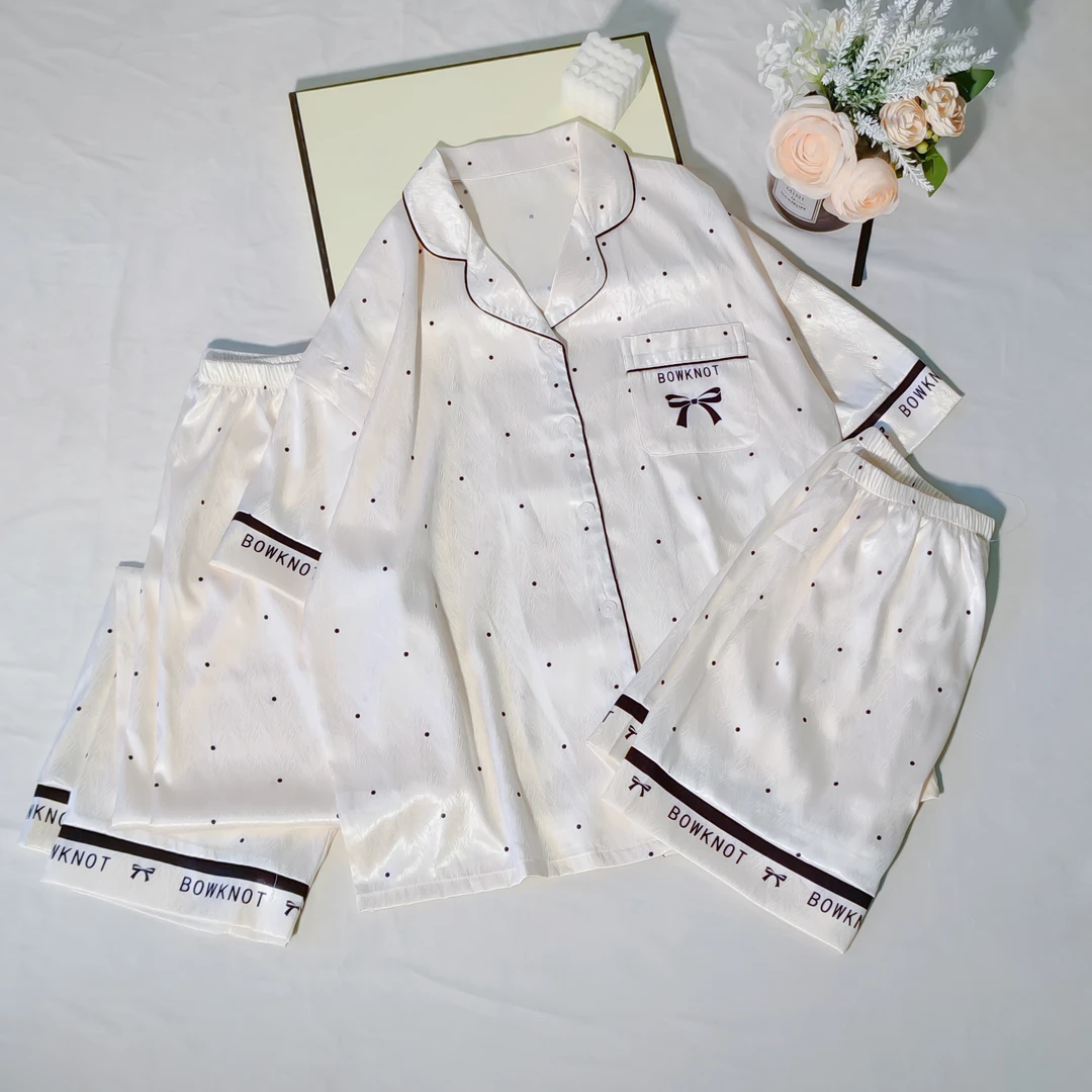 【直播专属】女款黑色波点柔光冰丝宽松舒适休闲透气三件套家居服