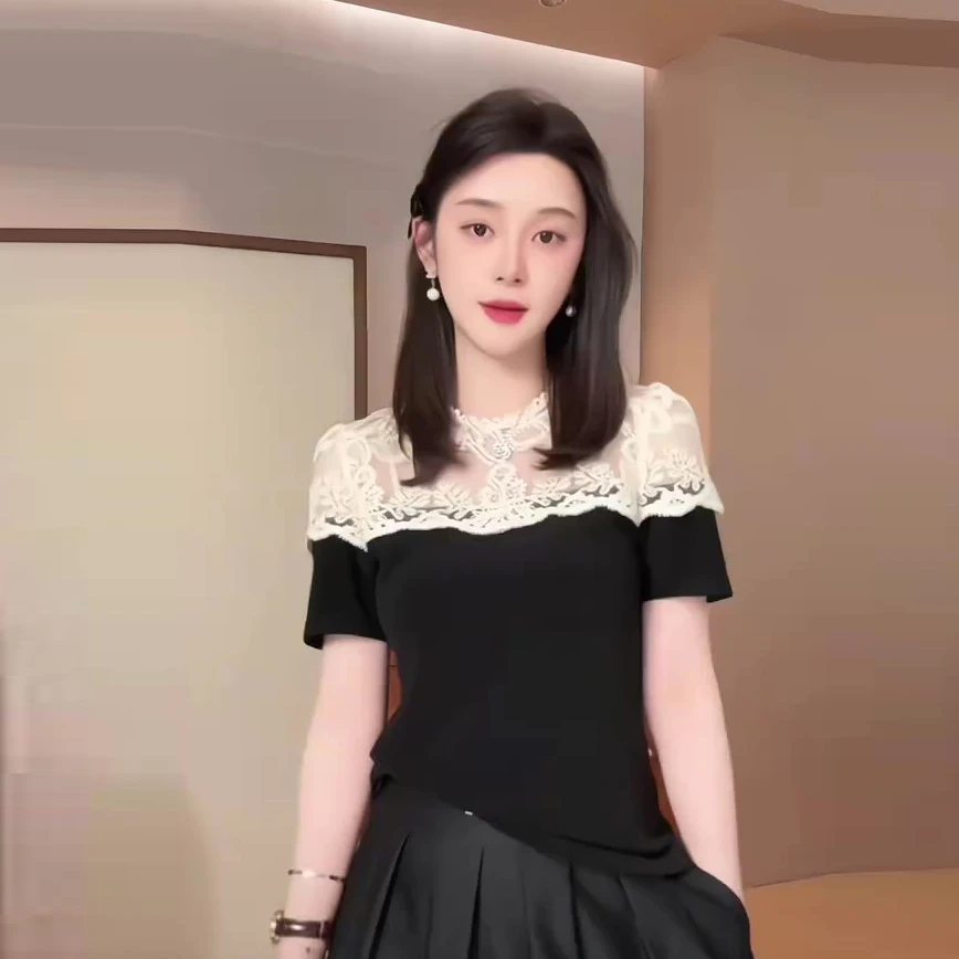 欧货时尚休闲蕾丝镂空肩短袖T恤女2025新款夏季气质百搭纯色上衣
