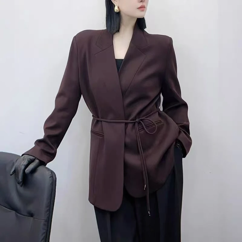 Momo2025羊毛气质西装外套女秋季新款气质百搭设计感系带收腰西装