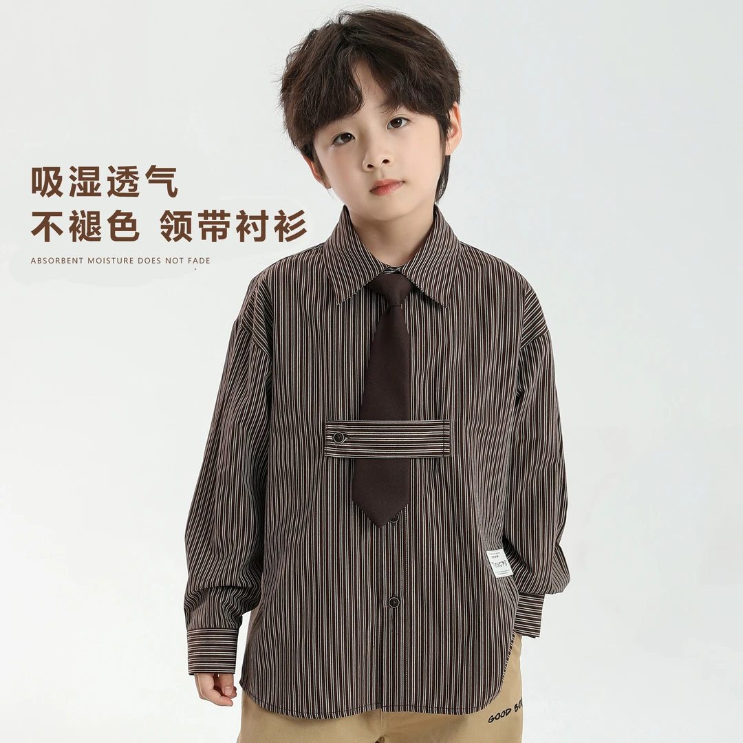 象小爸【领带条纹衬衫】2025新款竖条儿童衬衣小清新中大童外套