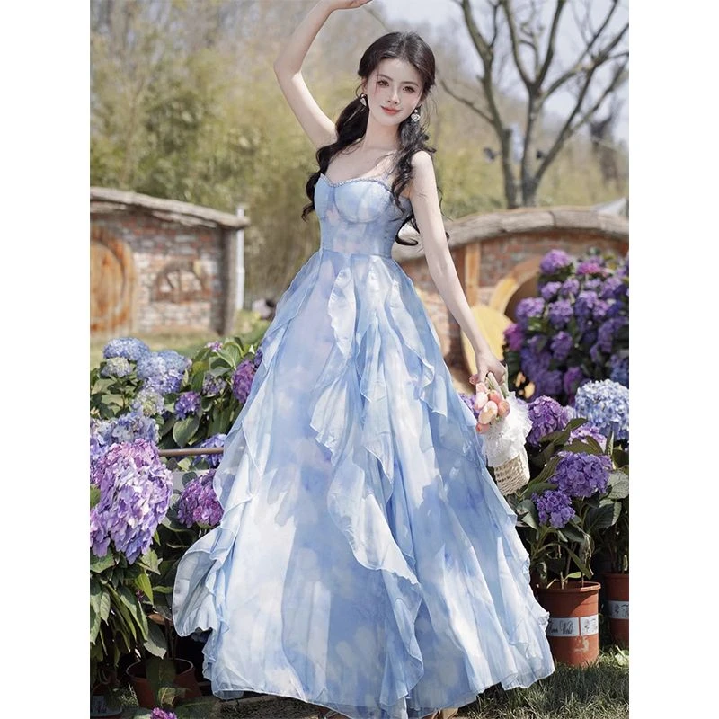 战袍法式感蓝色雪纺吊带连衣裙夏日绝美海边度假沙滩电力子超仙女