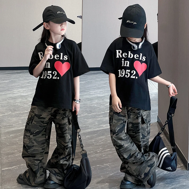 女童短袖套装夏季2025新款薄款t时髦炸街中大童迷彩工装休闲裤潮