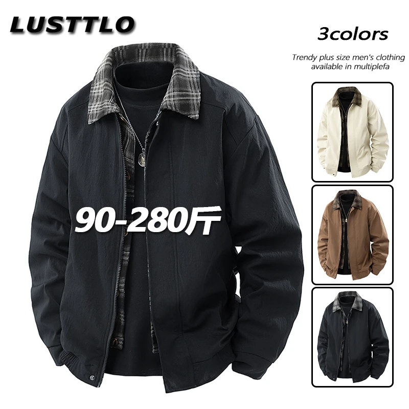 港风潮流假两件男士外套春秋季休闲百搭格子翻领夹克大码宽松痞帅