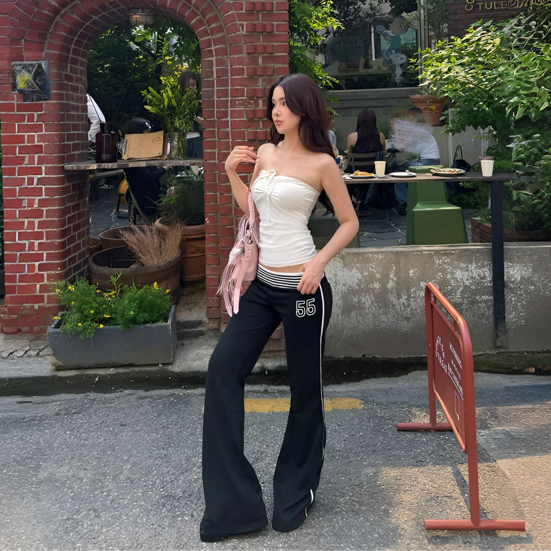 美式撞色条纹腰头休闲裤低腰辣妹裤子宽松显瘦直筒运动裤阔腿裤