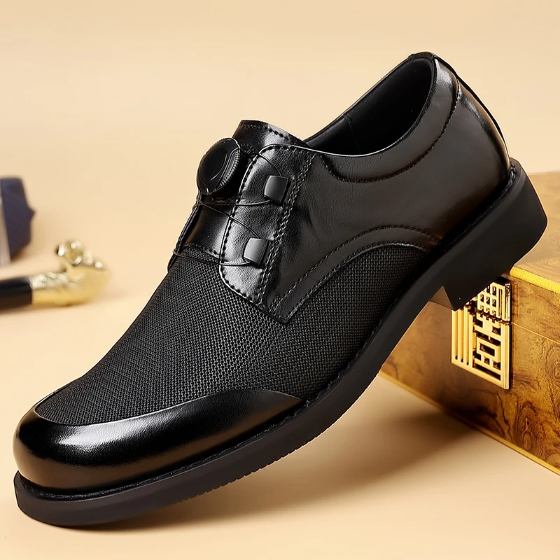 杰牧希男鞋2025新款时尚旋转扣冰丝网面舒适透气男士休闲皮鞋